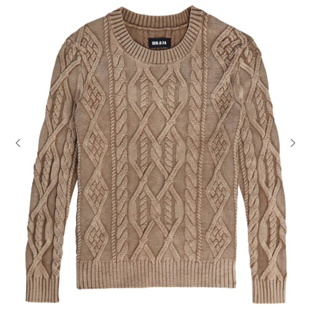 SER.O.YA Liam Cable Knit Sweater in Tan Acid Wash sz S
